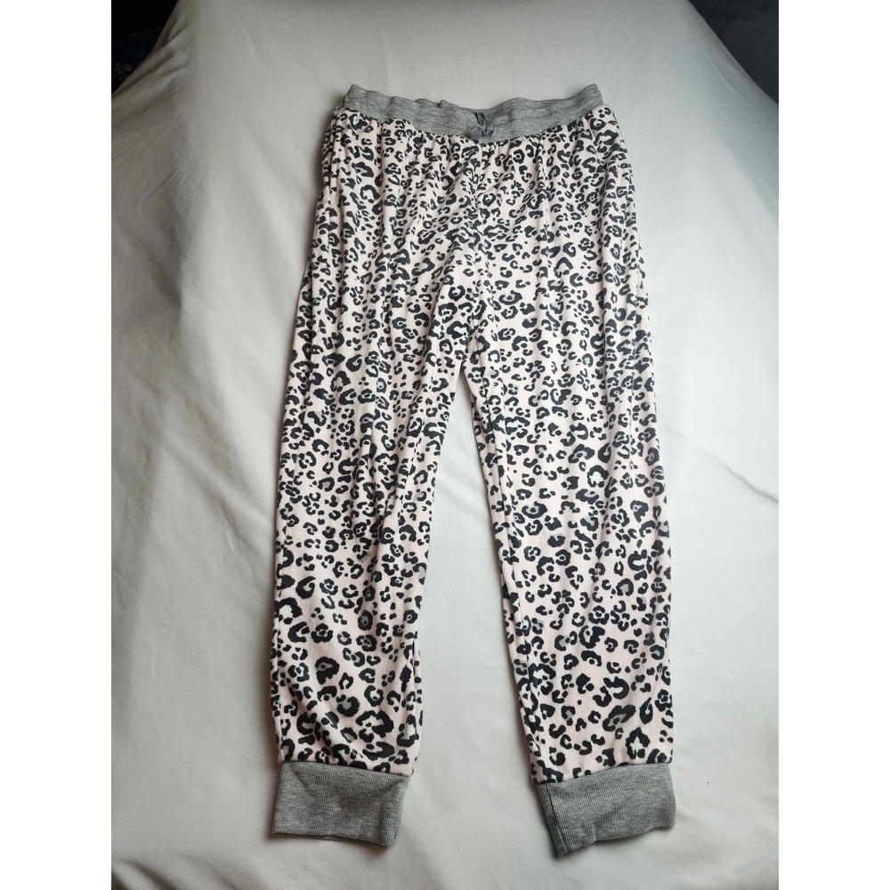 Cuddl Duds Pink Leopard Print Pajama Jogger Pants Womens Large Gray Trim Lounge